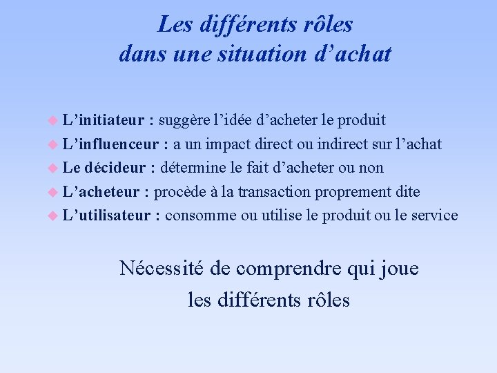 Les différents rôles dans une situation d’achat u L’initiateur : suggère l’idée d’acheter le