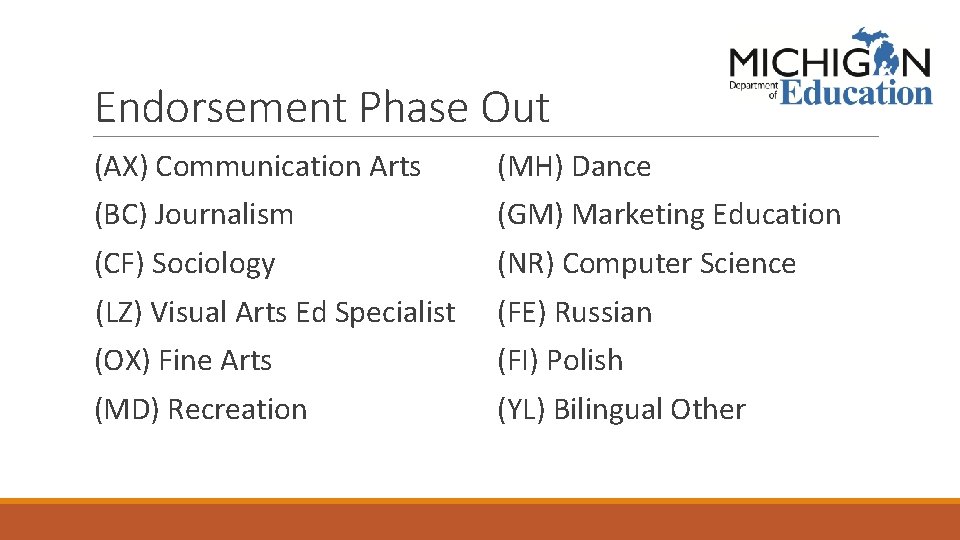 Endorsement Phase Out (AX) Communication Arts (MH) Dance (BC) Journalism (GM) Marketing Education (CF)