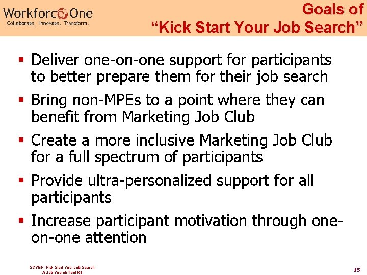 Goals of “Kick Start Your Job Search” § Deliver one-on-one support for participants to