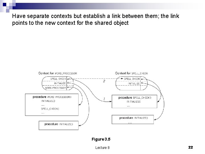 Have separate contexts but establish a link between them; the link points to the