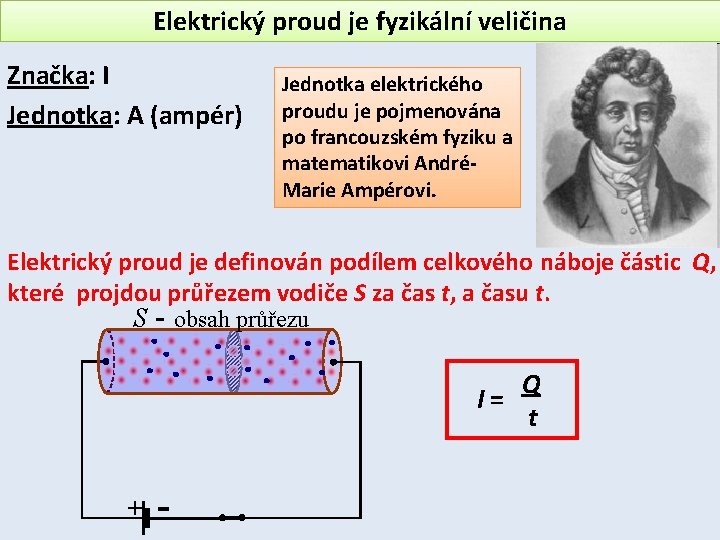 Elektrický proud je fyzikální veličina Značka: I Jednotka: A (ampér) Jednotka elektrického proudu je