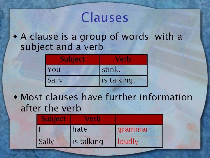Clauses w A clause is a group of words with a subject and a