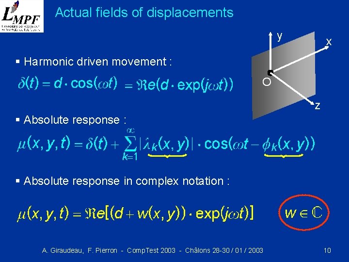 Actual fields of displacements y x § Harmonic driven movement : O z §