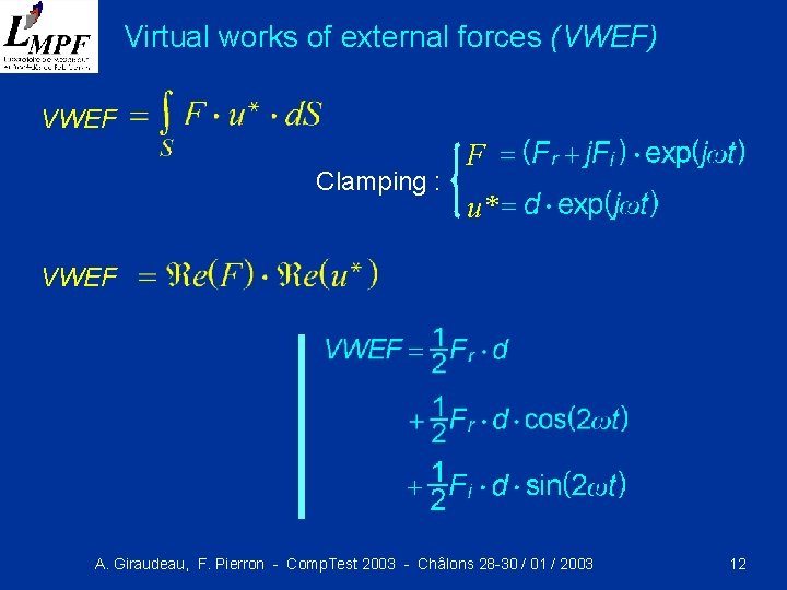 Virtual works of external forces (VWEF) VWEF Clamping : F u* VWEF A. Giraudeau,
