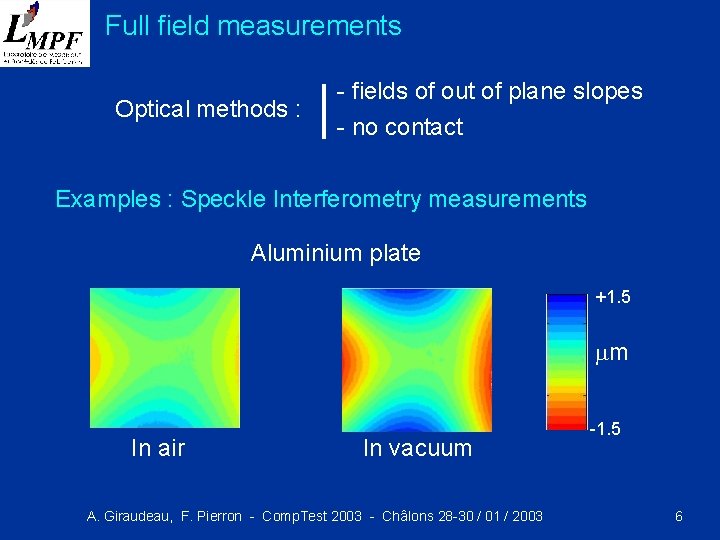 Full field measurements Optical methods : - fields of out of plane slopes -