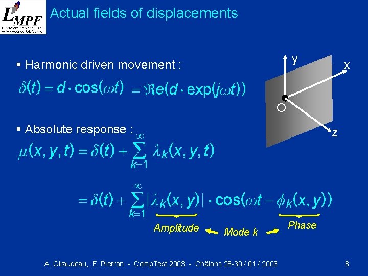 Actual fields of displacements y § Harmonic driven movement : x O § Absolute