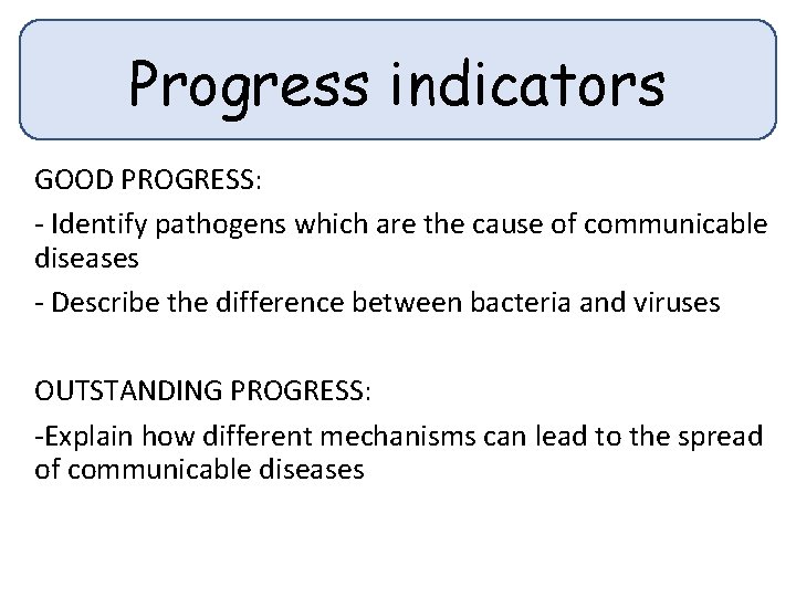 Progress indicators GOOD PROGRESS: - Identify pathogens which are the cause of communicable diseases