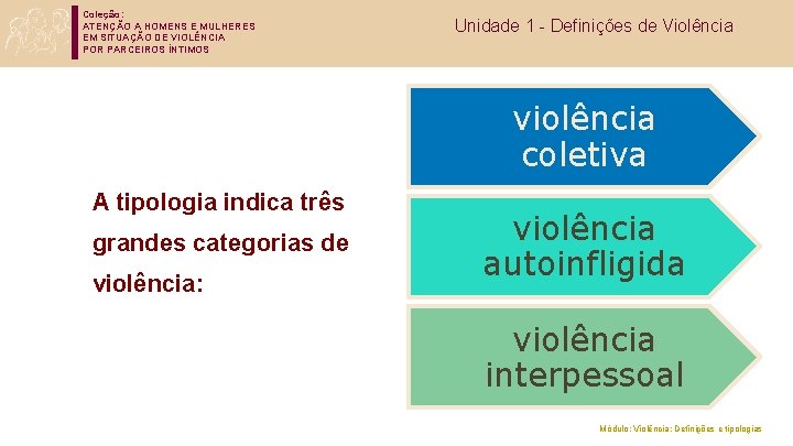 Coleção: ATENÇÃO A HOMENS E MULHERES EM SITUAÇÃO DE VIOLÊNCIA POR PARCEIROS ÍNTIMOS Unidade