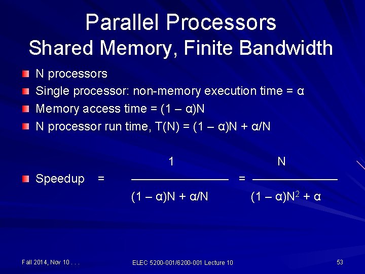 Parallel Processors Shared Memory, Finite Bandwidth N processors Single processor: non-memory execution time =