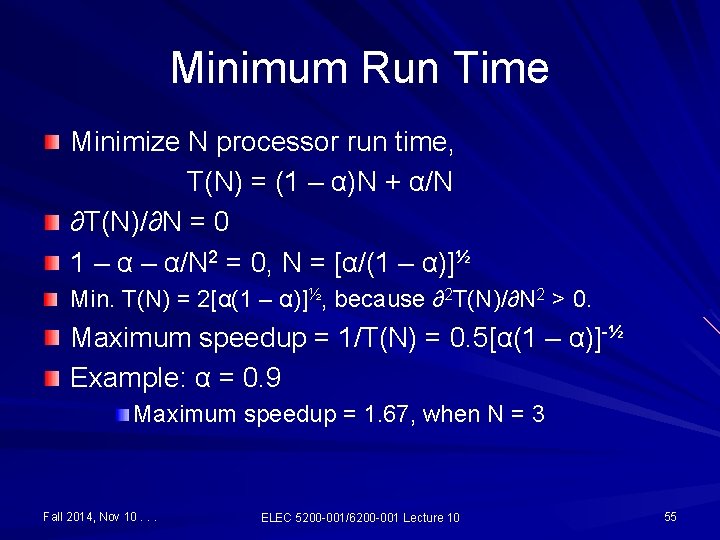 Minimum Run Time Minimize N processor run time, T(N) = (1 – α)N +