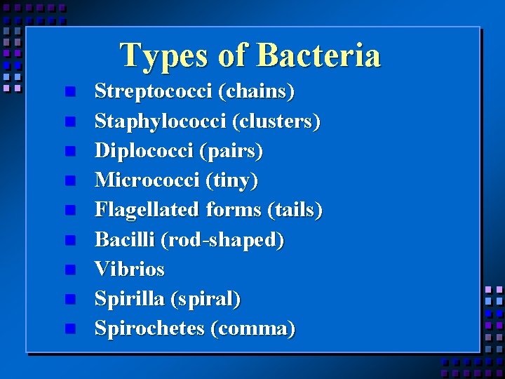 Types of Bacteria n n n n n Streptococci (chains) Staphylococci (clusters) Diplococci (pairs)