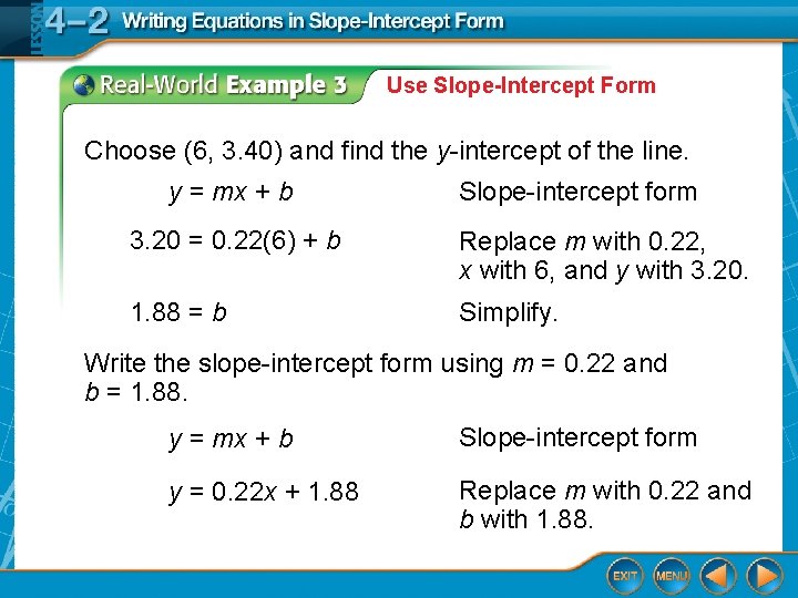 Use Slope-Intercept Form Choose (6, 3. 40) and find the y-intercept of the line.