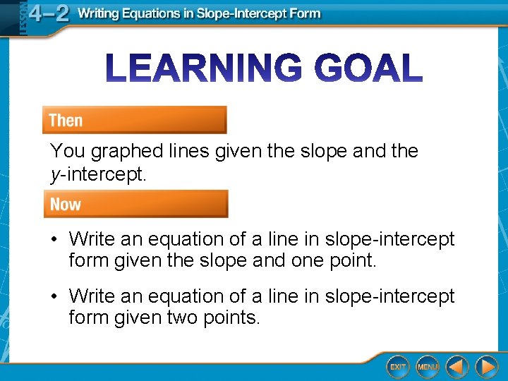 You graphed lines given the slope and the y-intercept. • Write an equation of