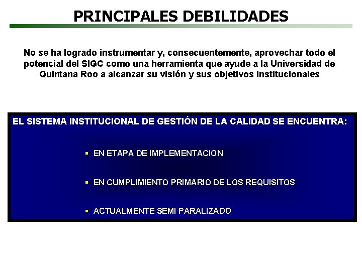 PRINCIPALES DEBILIDADES No se ha logrado instrumentar y, consecuentemente, aprovechar todo el potencial del