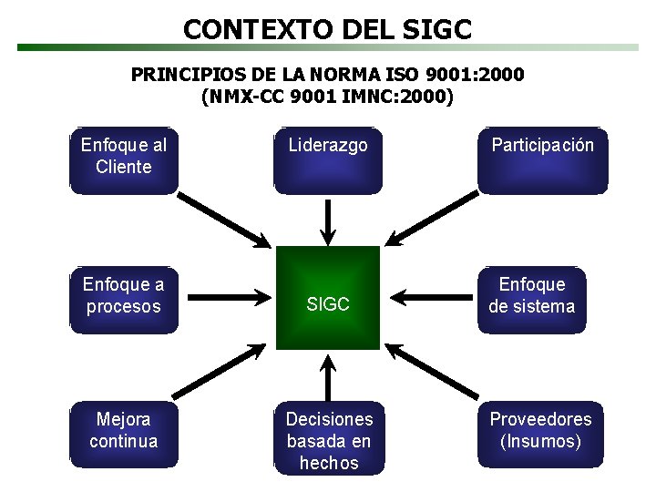 CONTEXTO DEL SIGC PRINCIPIOS DE LA NORMA ISO 9001: 2000 (NMX-CC 9001 IMNC: 2000)