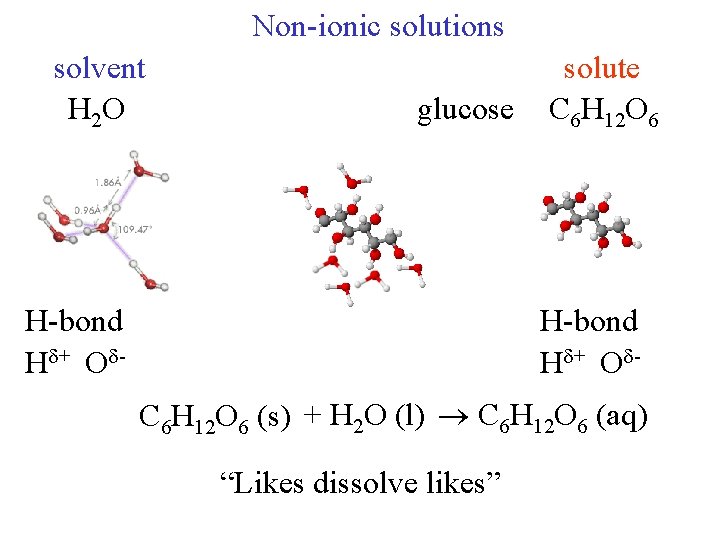 Non-ionic solutions solvent H 2 O glucose H-bond H + O - solute C