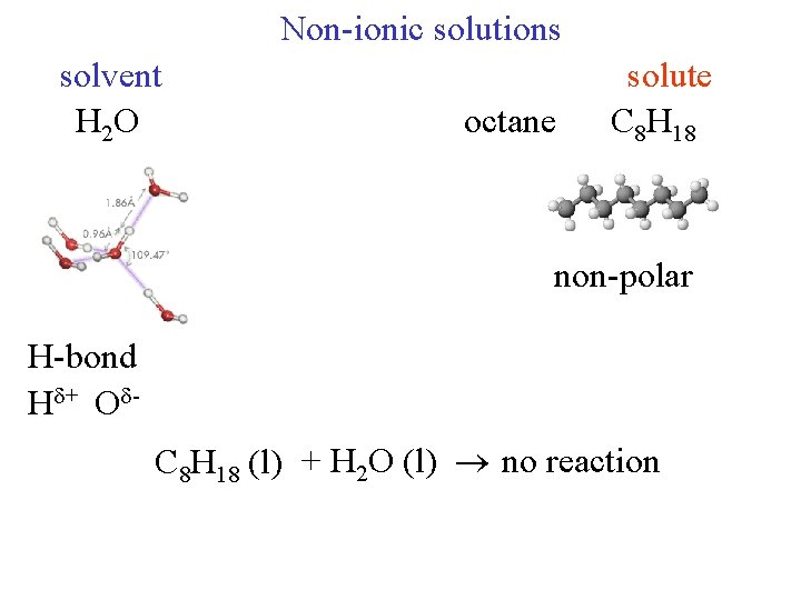 Non-ionic solutions solvent H 2 O octane solute C 8 H 18 non-polar H-bond