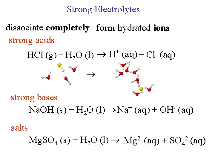 Strong Electrolytes dissociate completely form hydrated ions strong acids HCl (g) + H 2
