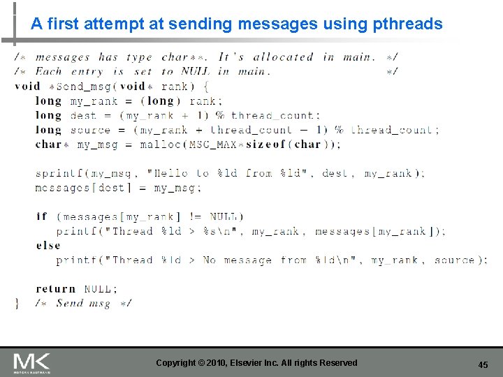 A first attempt at sending messages using pthreads Copyright © 2010, Elsevier Inc. All