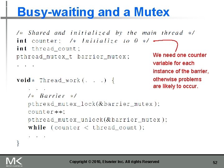 Busy-waiting and a Mutex We need one counter variable for each instance of the