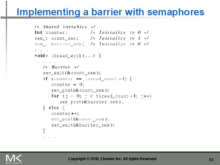 Implementing a barrier with semaphores Copyright © 2010, Elsevier Inc. All rights Reserved 53