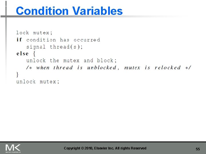 Condition Variables Copyright © 2010, Elsevier Inc. All rights Reserved 55 