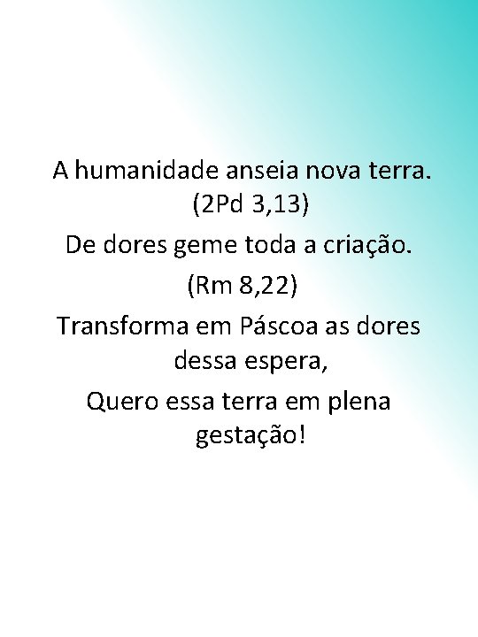 A humanidade anseia nova terra. (2 Pd 3, 13) De dores geme toda a