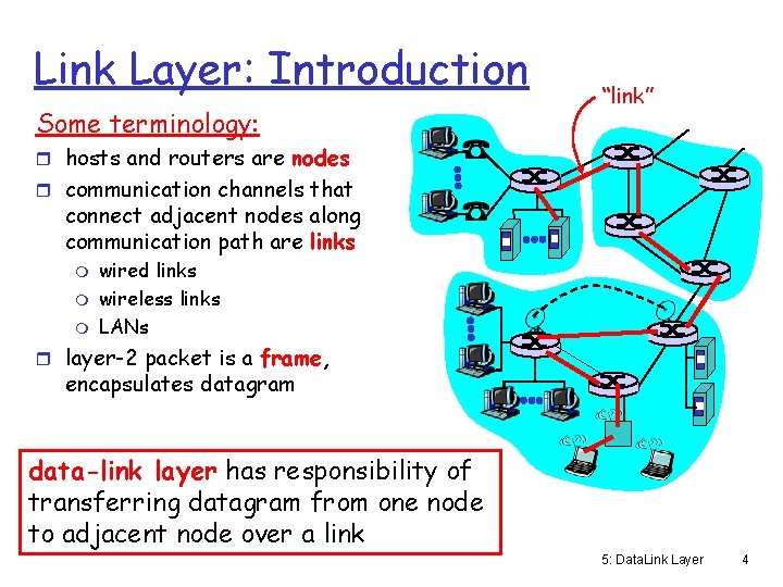 Link Layer: Introduction Some terminology: “link” r hosts and routers are nodes r communication