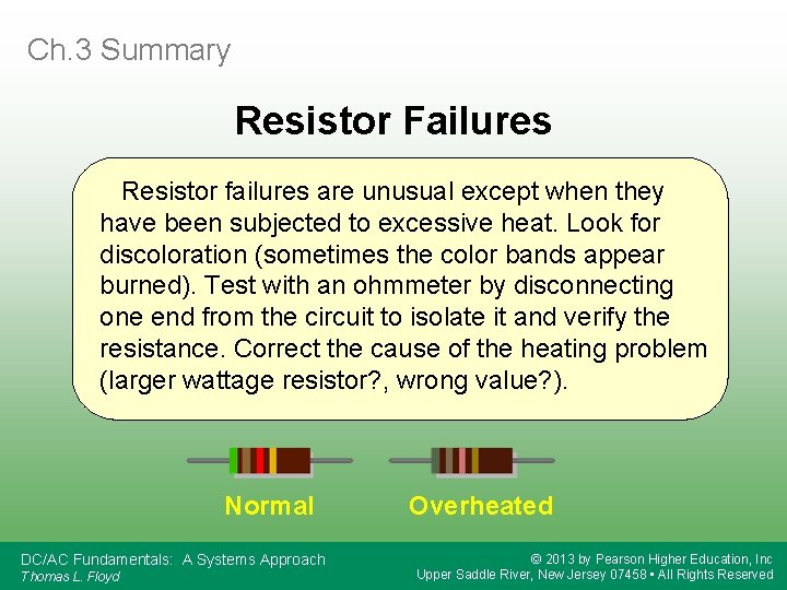 Ch. 3 Summary Resistor Failures Resistor failures are unusual except when they have been