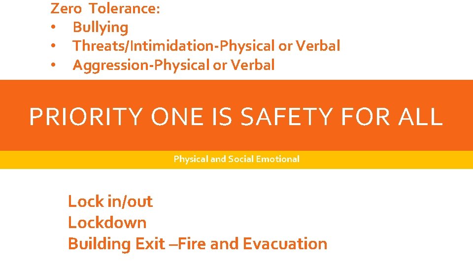 Zero Tolerance: • Bullying • Threats/Intimidation-Physical or Verbal • Aggression-Physical or Verbal PRIORITY ONE Zero Tolerance: • Bullying • Threats/Intimidation-Physical or Verbal • Aggression-Physical or Verbal PRIORITY ONE