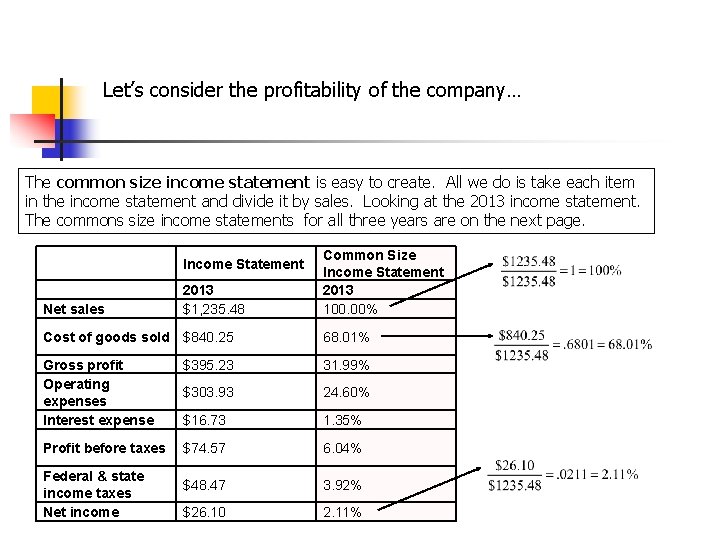 Let’s consider the profitability of the company… The common size income statement is easy