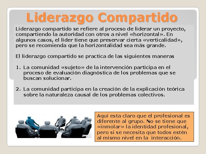 Liderazgo Compartido Liderazgo compartido se refiere al proceso de liderar un proyecto, compartiendo la