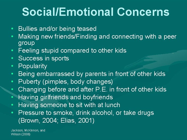 Social/Emotional Concerns • Bullies and/or being teased • Making new friends/Finding and connecting with