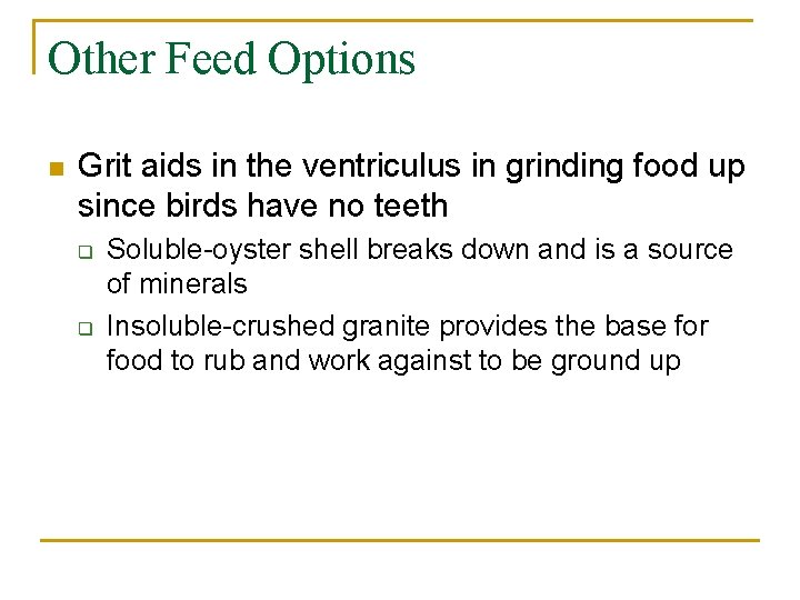 Other Feed Options n Grit aids in the ventriculus in grinding food up since