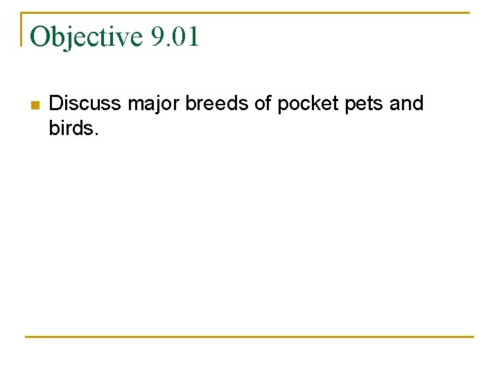 Objective 9. 01 n Discuss major breeds of pocket pets and birds. 