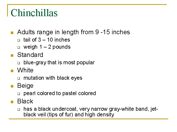 Chinchillas n Adults range in length from 9 -15 inches q q n Standard