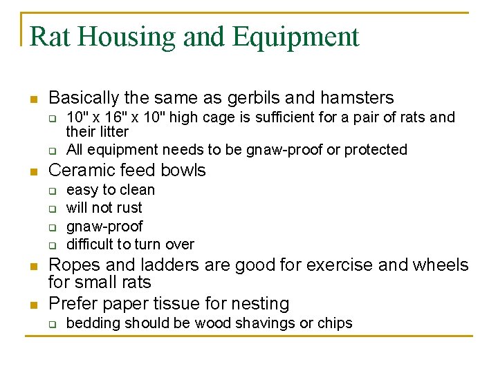 Rat Housing and Equipment n Basically the same as gerbils and hamsters q q