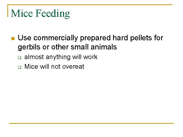 Mice Feeding n Use commercially prepared hard pellets for gerbils or other small animals