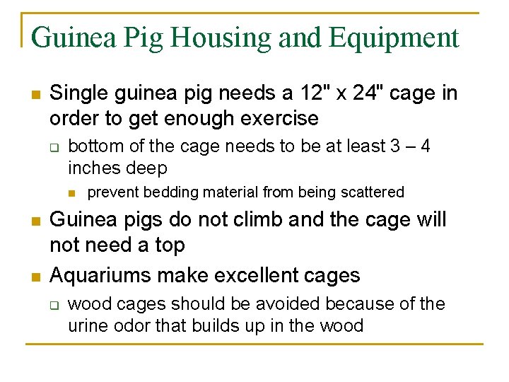 Guinea Pig Housing and Equipment n Single guinea pig needs a 12" x 24"