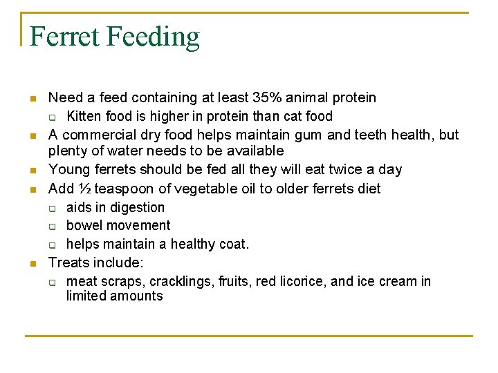 Ferret Feeding n n n Need a feed containing at least 35% animal protein