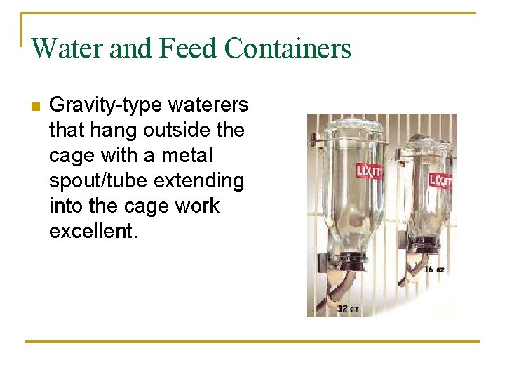Water and Feed Containers n Gravity-type waterers that hang outside the cage with a