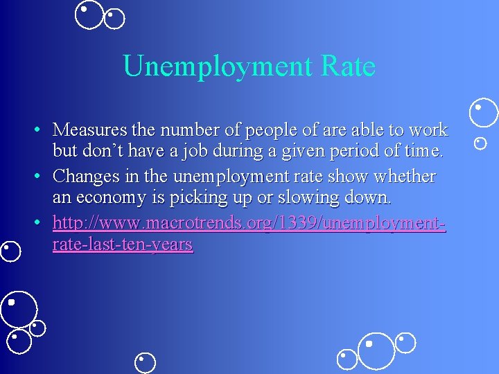 Unemployment Rate • Measures the number of people of are able to work but