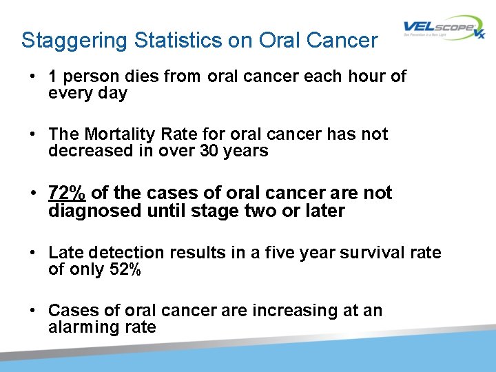 Staggering Statistics on Oral Cancer • 1 person dies from oral cancer each hour