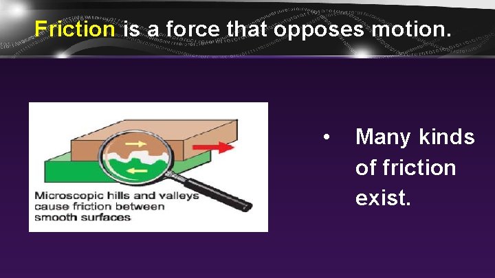 Friction is a force that opposes motion. • Many kinds of friction exist. 