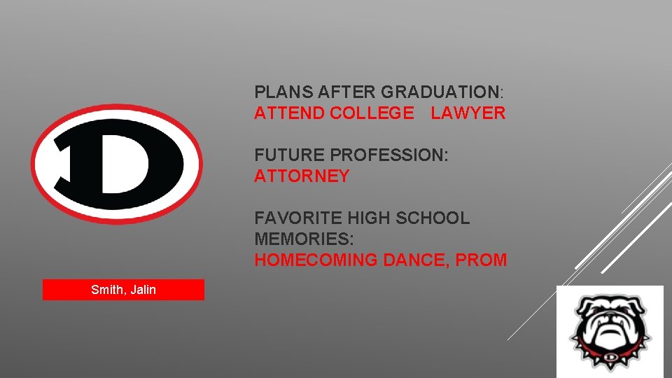 PLANS AFTER GRADUATION: ATTEND COLLEGE LAWYER FUTURE PROFESSION: ATTORNEY FAVORITE HIGH SCHOOL MEMORIES: HOMECOMING