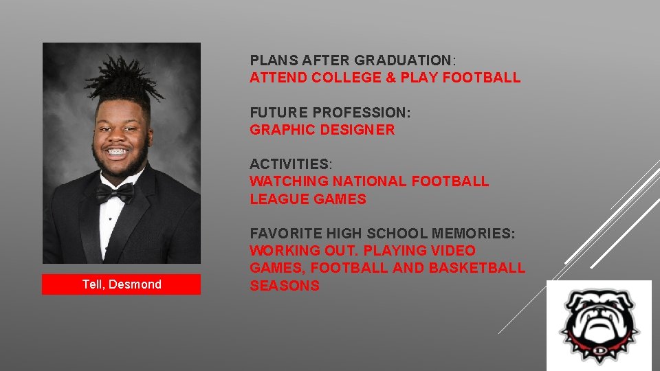 PLANS AFTER GRADUATION: ATTEND COLLEGE & PLAY FOOTBALL FUTURE PROFESSION: GRAPHIC DESIGNER ACTIVITIES: WATCHING