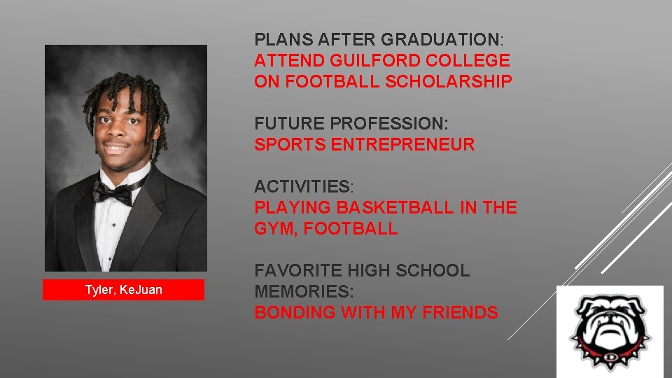PLANS AFTER GRADUATION: ATTEND GUILFORD COLLEGE ON FOOTBALL SCHOLARSHIP FUTURE PROFESSION: SPORTS ENTREPRENEUR ACTIVITIES: