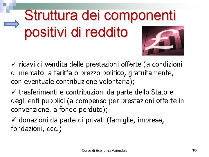 Struttura dei componenti positivi di reddito ü ricavi di vendita delle prestazioni offerte (a