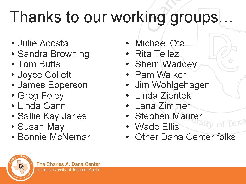 Thanks to our working groups… • • • Julie Acosta Sandra Browning Tom Butts