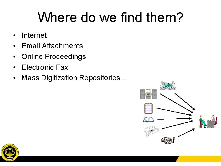 Where do we find them? • • • Internet Email Attachments Online Proceedings Electronic